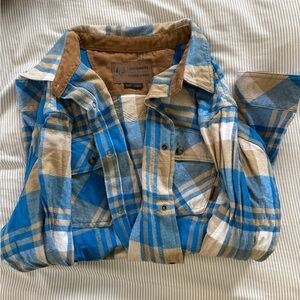 Blue and Tan Plaid Button-Up Shirt